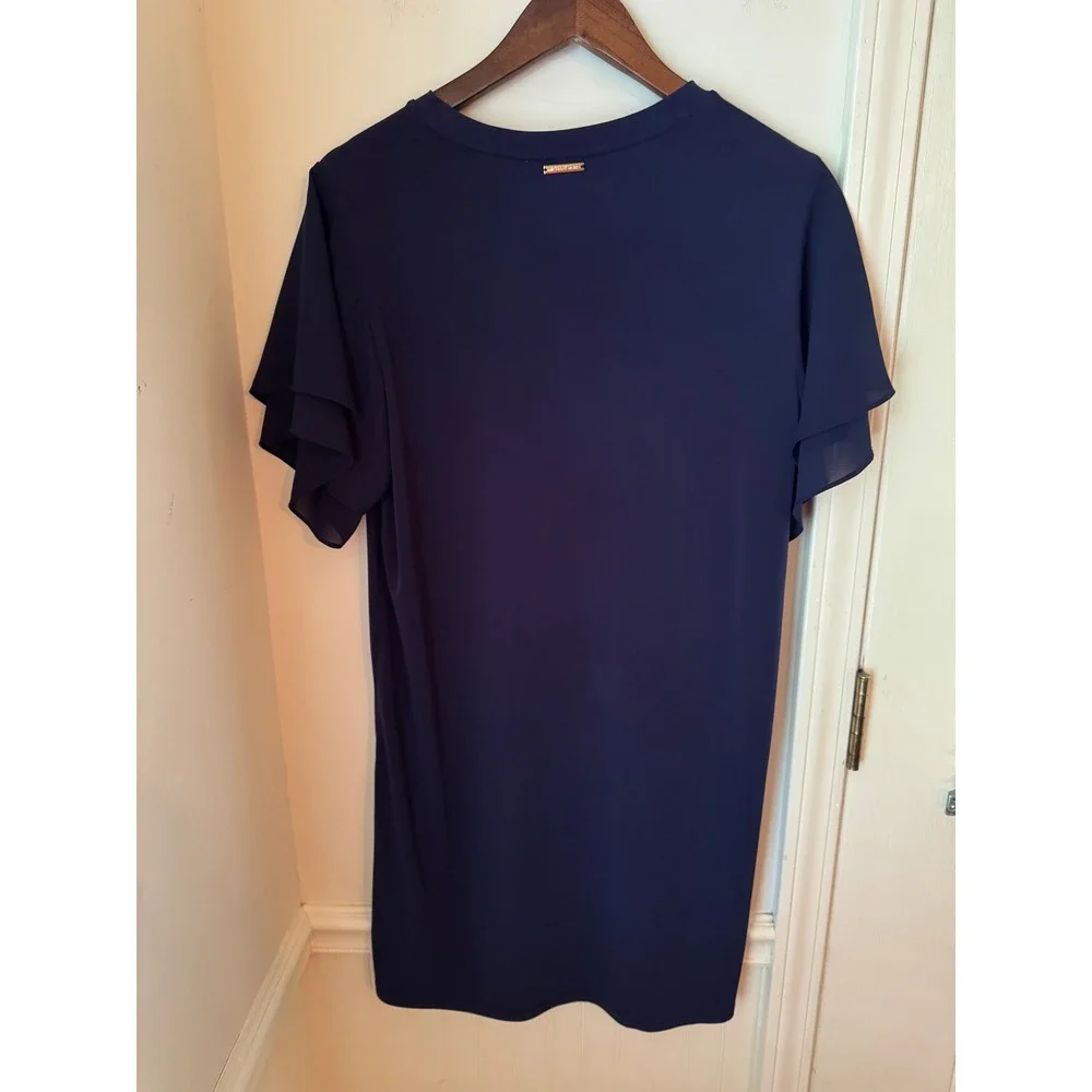 Michael Kors Navy Blue Flutter Sleeve Shift Dress Crew Neck Navy Gold Logo Med